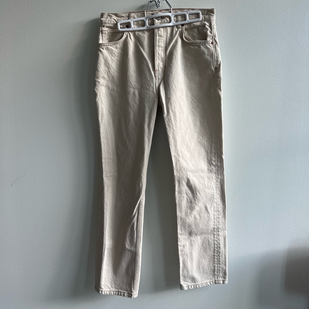 Cynthia high rise straight jeans, off white with brown stitching, size 28, NWOT